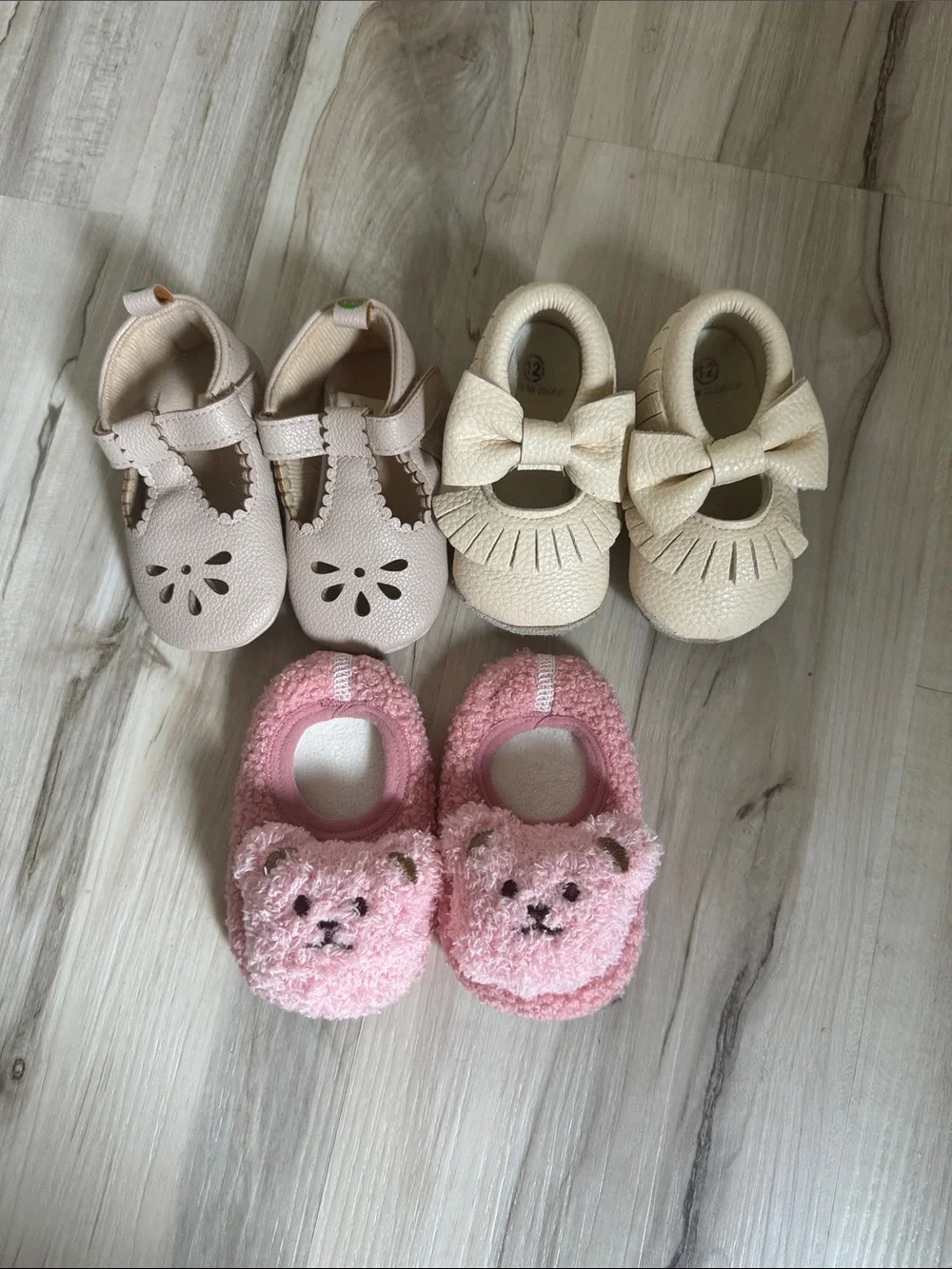Baby Girls Soft Pink & Cream Shoe Trio – Mary Janes, Bow Flats & Bear Slippers